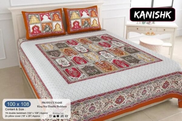 Elegant Jaipuri Cotton Double Bedsheet ? 100% Pure Cotton, Traditional Rajasthani Print, Soft Breathable, King/Double Size
