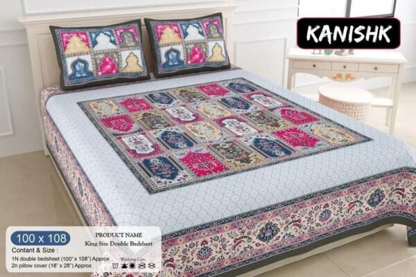 Elegant Jaipuri Cotton Double Bedsheet ? 100% Pure Cotton, Traditional Rajasthani Print, Soft Breathable, King/Double Size