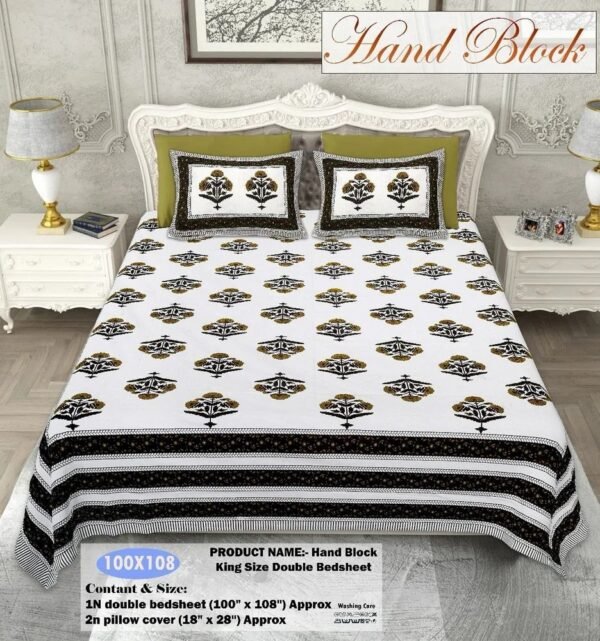 Premium Cotton Double Bedsheet ? Hand-Printed Jaipuri Floral Design, Soft & Breathable with 2 Matching Pillow Covers