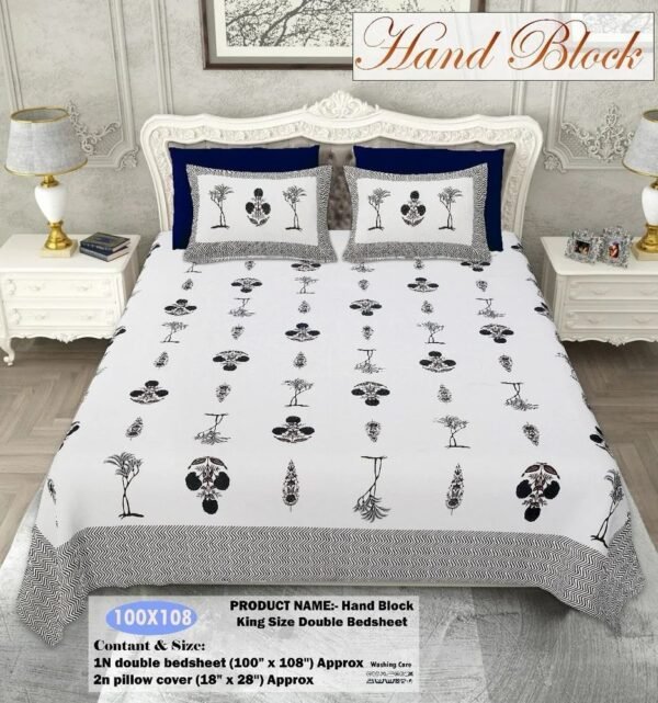 Premium Jaipuri Cotton Double Bedsheet ? Hand-Printed Floral Design, Soft & Breathable with 2 Matching Pillow Covers