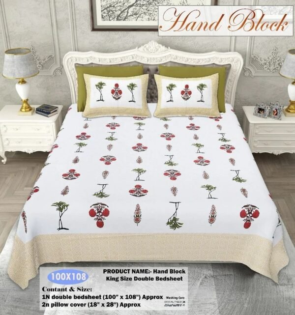 Premium Jaipuri Cotton Double Bedsheet ? Hand-Printed Floral Design, Soft & Breathable with 2 Matching Pillow Covers