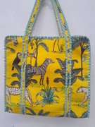 hand-block-printed-cotton-fabric-quilted-tote-bag-1000x1000-1.jpg Handmade Quilted Safari Tote Bag ? Yellow Jungle Animal Print Cotton Shoulder Bag, Kantha Quilted Shopping Tote, Eco-Friendly Travel Bag Gift for Women