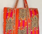 il-170x135-7718471336-9zsj.jpg Handmade Quilted Tiger Print Tote Bag ? Pink & Orange Cotton Shoulder Bag, Jungle Animal Tote, Kantha Quilted Shopping Bag, Eco-Friendly Gift for Women